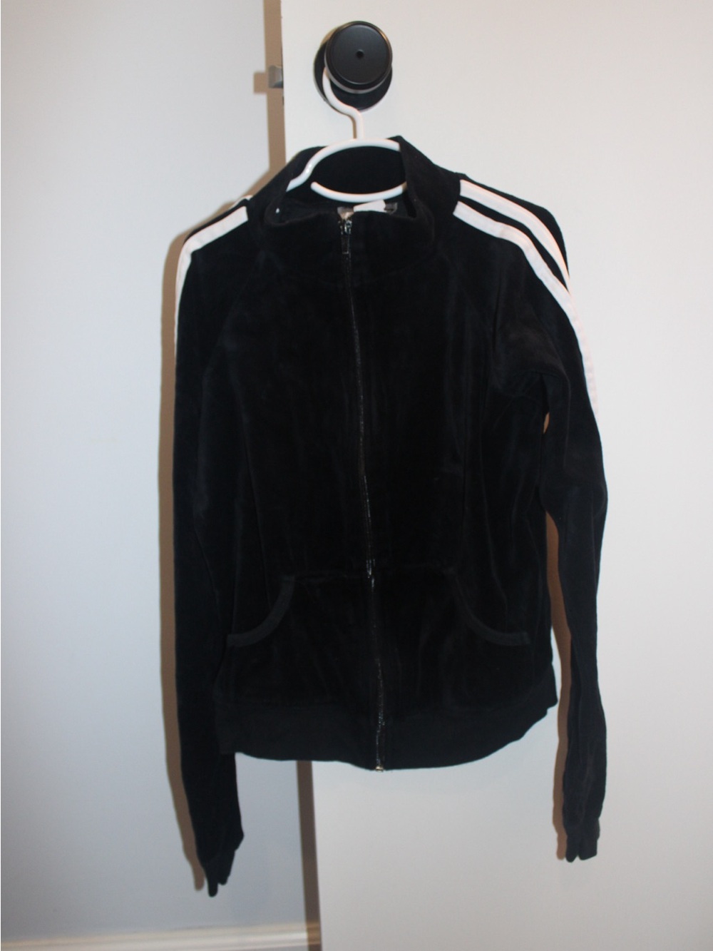 Vintage Kids Black Velour Track Jacket, White Stripes, Size M (READ DESCRIPTION)